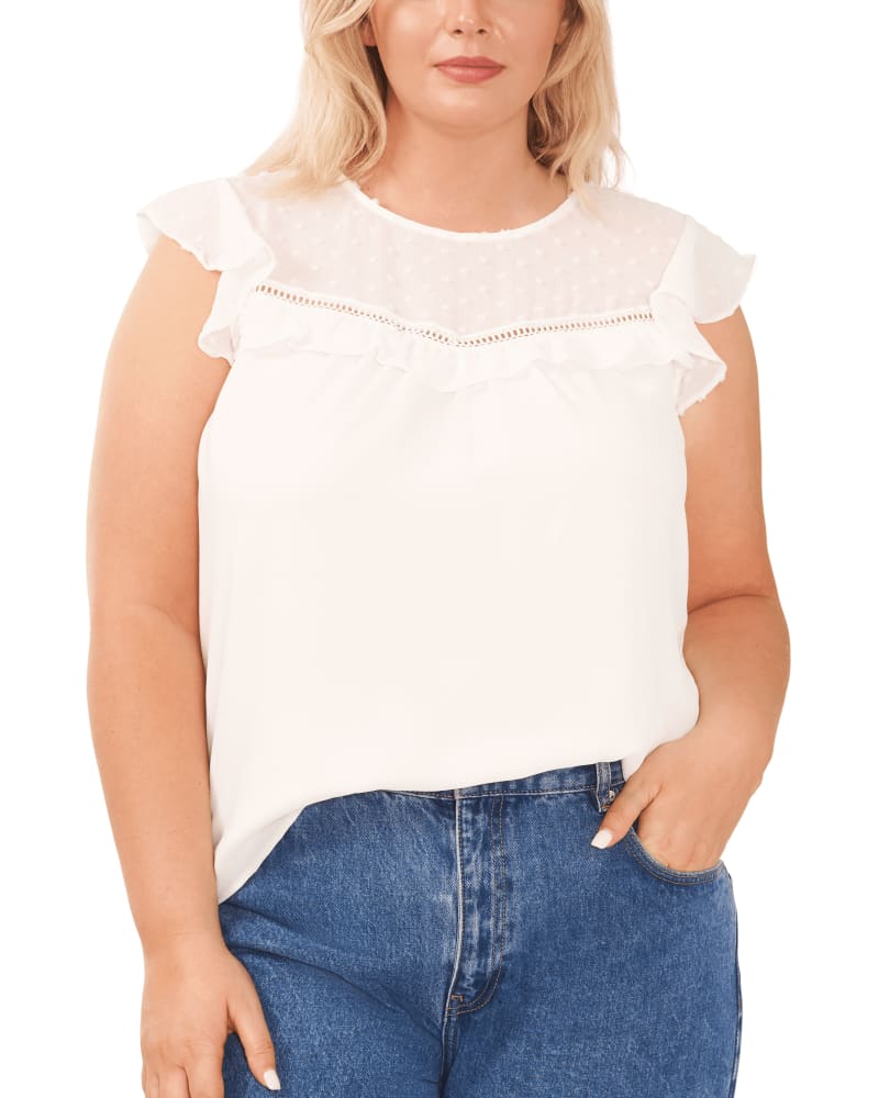 Front of a model wearing a size 1X Lexi Clip Chiffon Knit Top in NEW IVORY by CeCe. | dia_product_style_image_id:263414